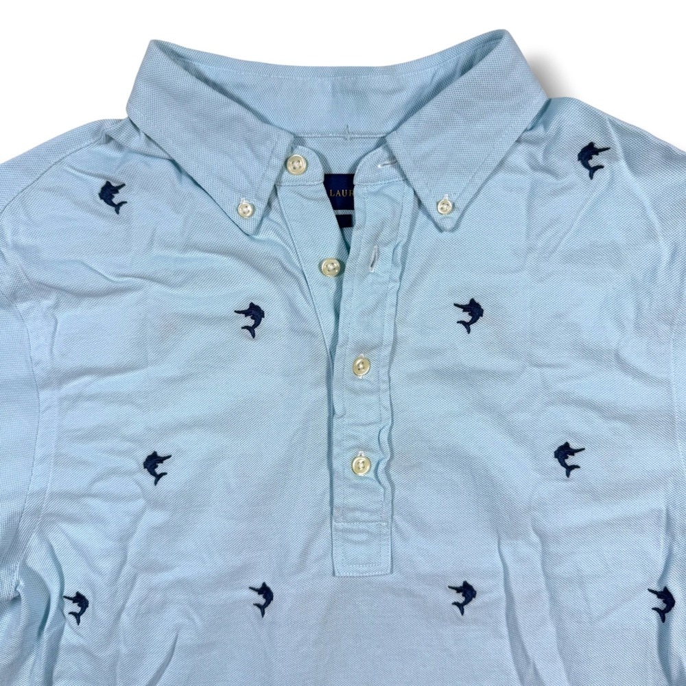 Ralph Lauren Polo Shirt Mens Medium Blue Marlin Fish Knit Oxford Short Sleeve